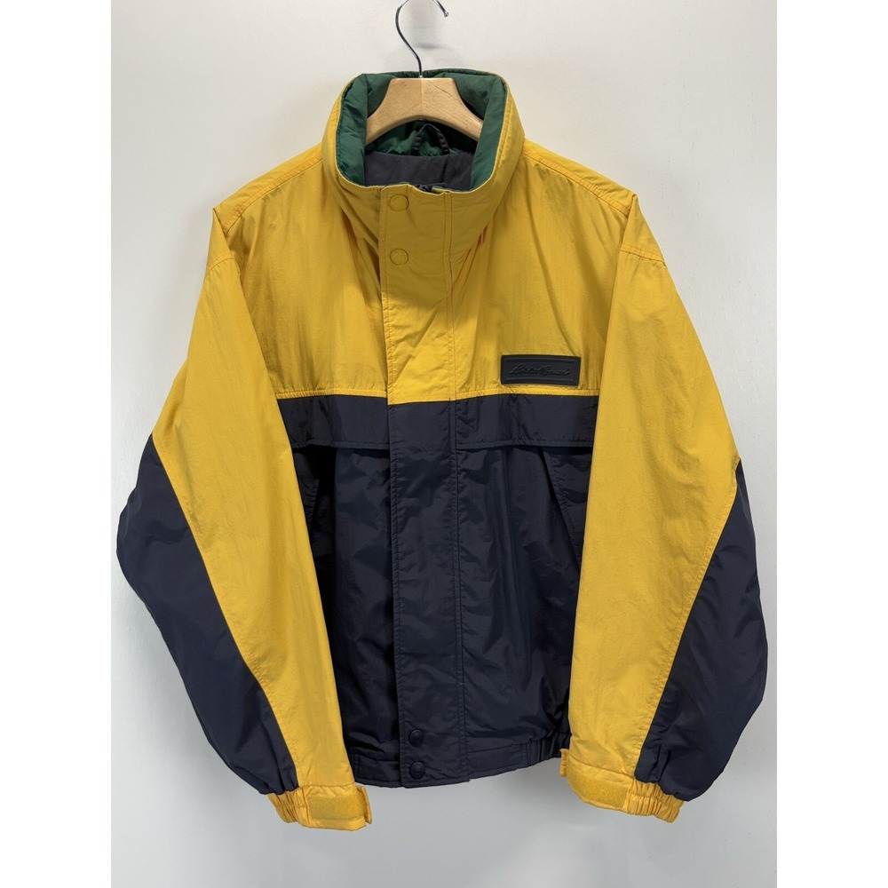 Vtg Eddie Bauer Jacket Sz Large Mens Yellow Navy Colorblock Hood Collar 90s Y2K
